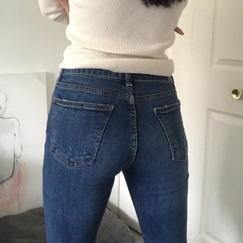 Zara dark wash raw ankle hem skinny mid rise jean